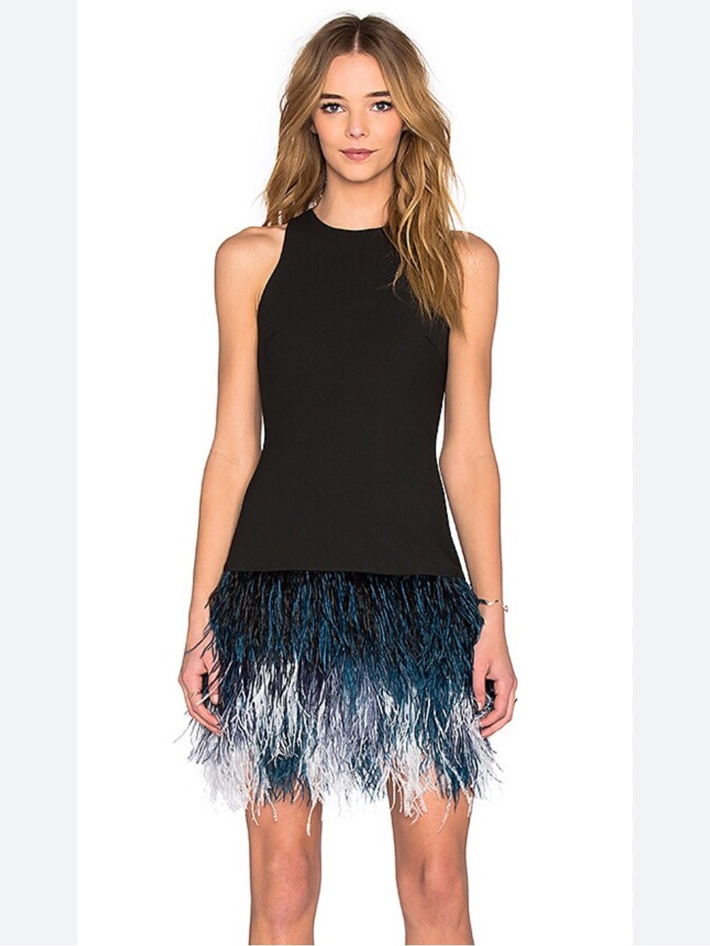 Elizabeth and James Ostrich Feather Short Black/Blue Ombre Dress 8